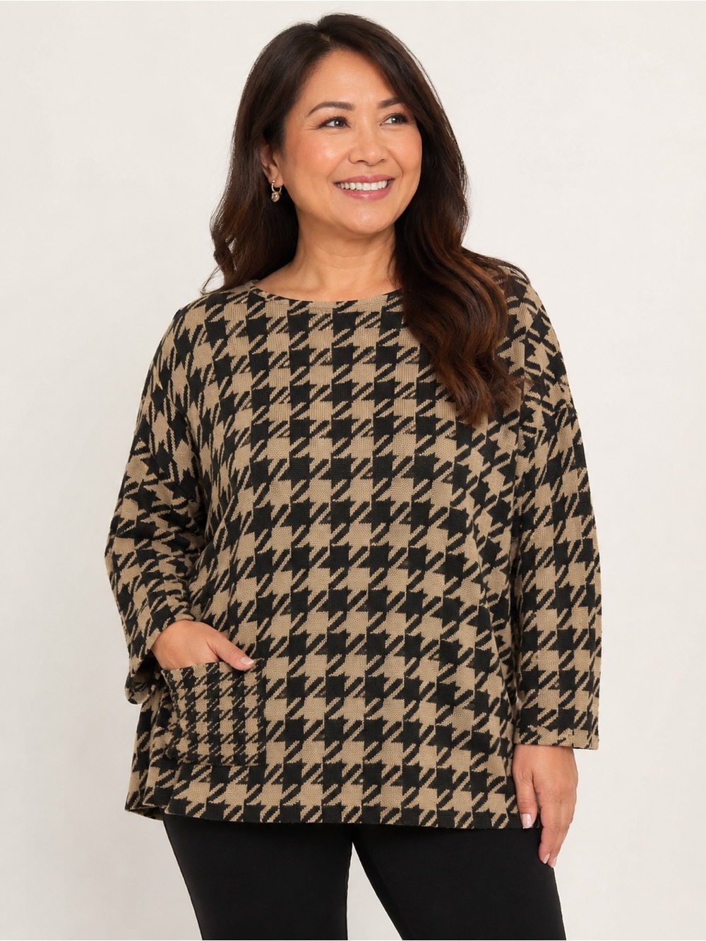 J. Jill 100% cotton Houndstooth Pocket Tunic in Black and Tan M